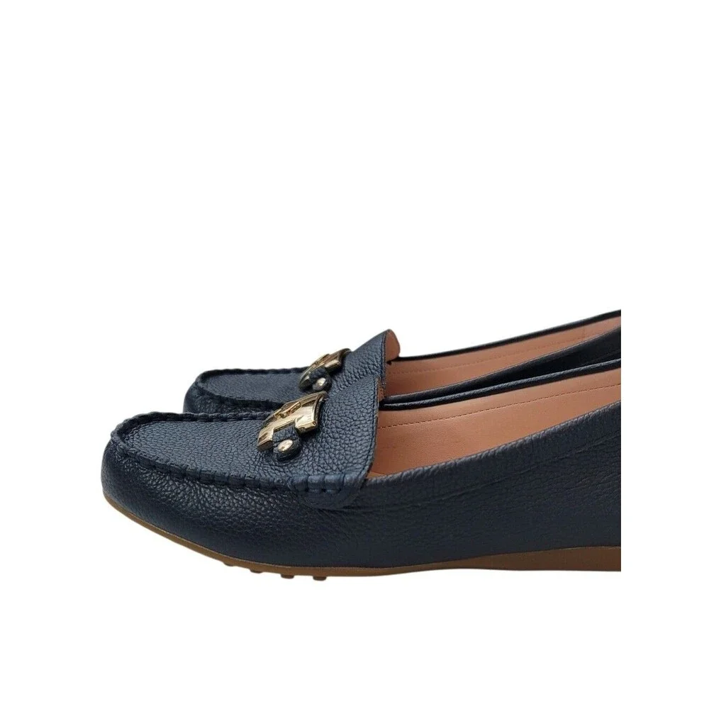 NEW Kate Spade Carmen Driving Loafer with Gold Logo in Pebbled Navy Blue Size 6
